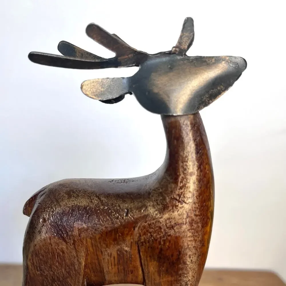 Pair of Rustic Wood and Metal Deer Stocking Hanger Vintage Pier 1 Cabin Country